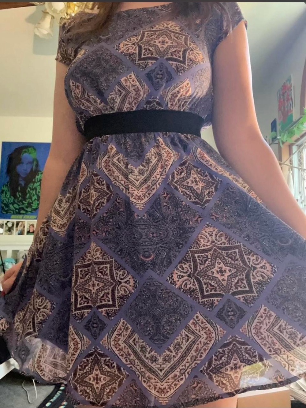 Xhilaration purple Paisley pattern dress with Black elastic belted waist XL